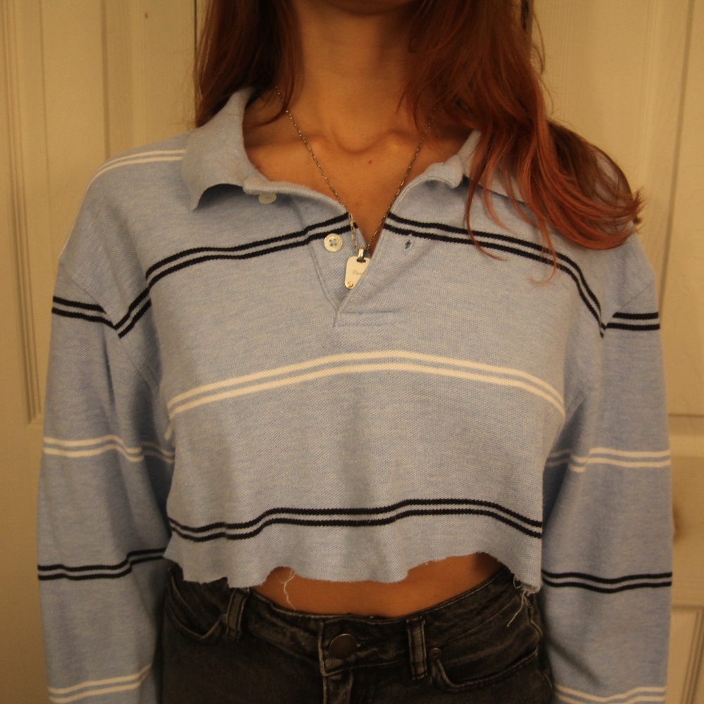 Vintage light blue striped cropped polo